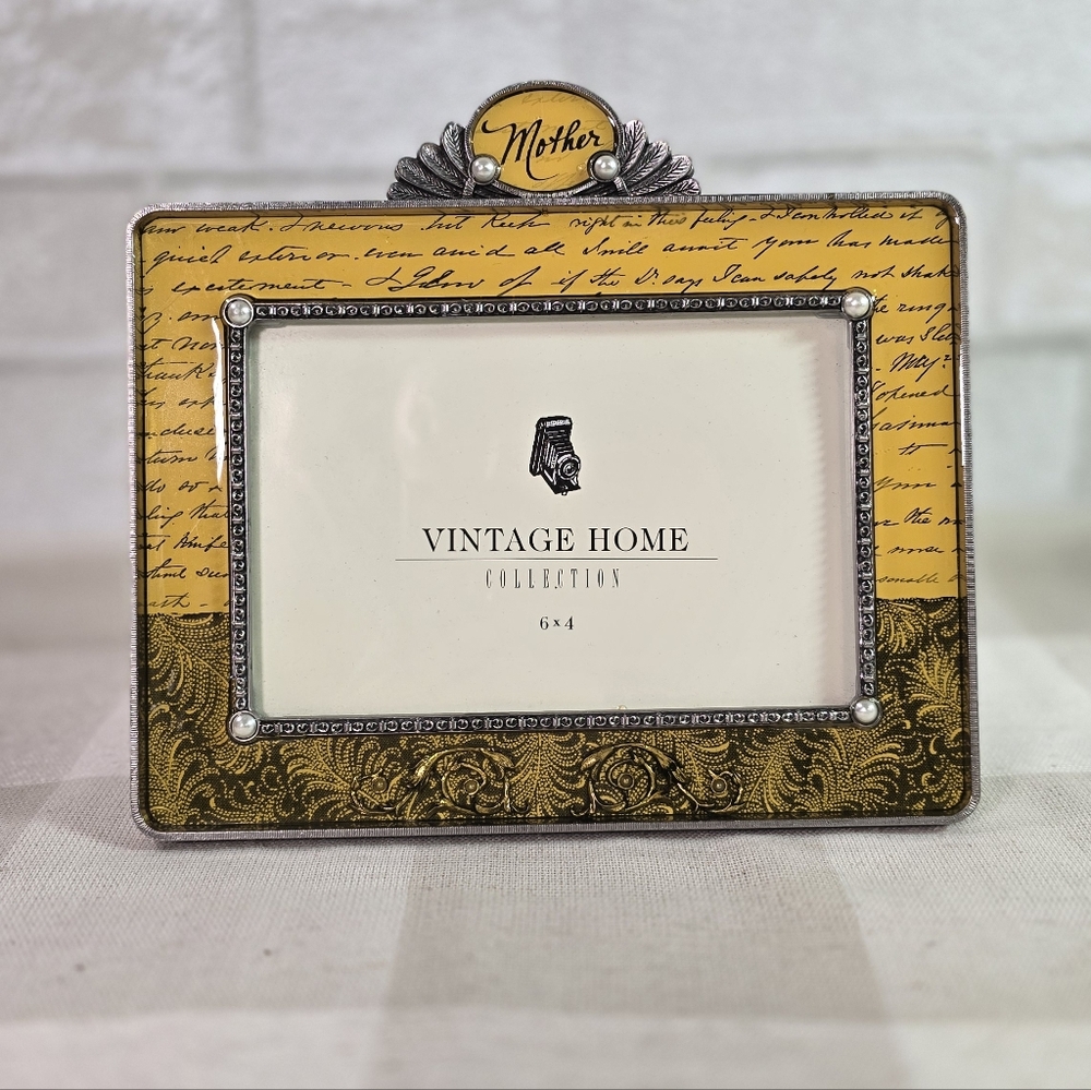 Vintage Home Collection Mother Yellow Metal Glass Ornate Picture Frame